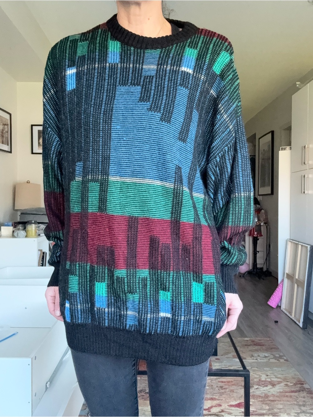 Vintage 90s iMiller Wool Blend Abstract Geometric Sweater XL Coogi Style